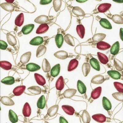 Ivoor kleurige stof met Ivoor/groen en rode kerstlampjes met goud Ivoor kleurige stof met Ivoor/groen en rode kerstlampjes met goud