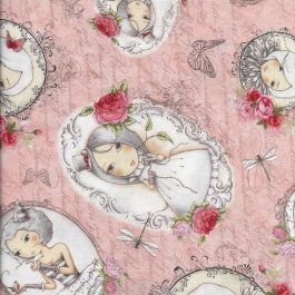 Roze stof met santoro poppetje afbeeldingen-Quilting treasures