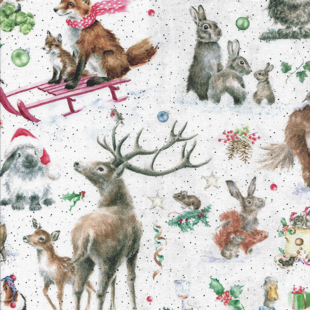 Witte stof met kerst dieren afbeeldingen Hobby Time