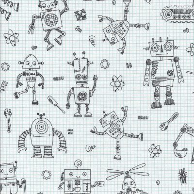 Witte ruit stof met robot afbeeldingen uit de serie Rollicking Robots-firma Northcott