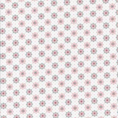 Witte stof met roze en grijsgroene bloemetjes-Poppie Cotton
