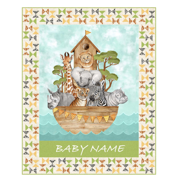 Licht groene quiltstof met dieren afbeeldingen in hexagons Northcott