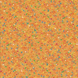 Oranje gele stof met diverse kleurige vlekken en stipjes