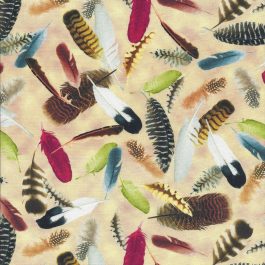 Beige ondergrondstof met veel kleurige veren-Quilting Treasures