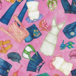 Roze stof met kleding, schoenen en tassen afbeeldingen
