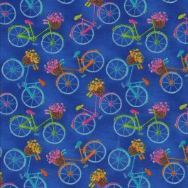 Kobalt blauwe stof met gekleurde fietsjes-Blank