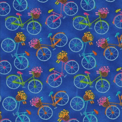Kobalt blauwe stof met gekleurde fietsjes-Blank