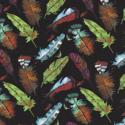 Zwarte quiltstof met gekleurde veren -Stof fabrics