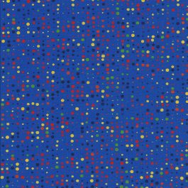Kobalt blauwe stof met rode/gele/oranje/groene en zwarte stippen