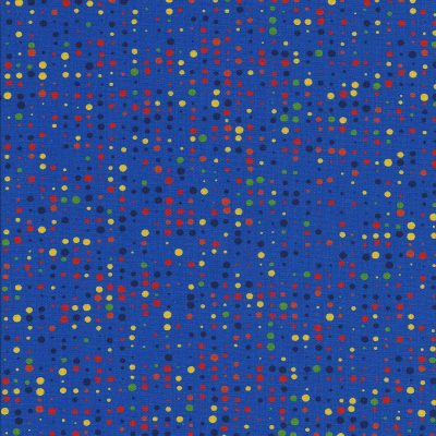 Kobalt blauwe stof met rode/gele/oranje/groene en zwarte stippen